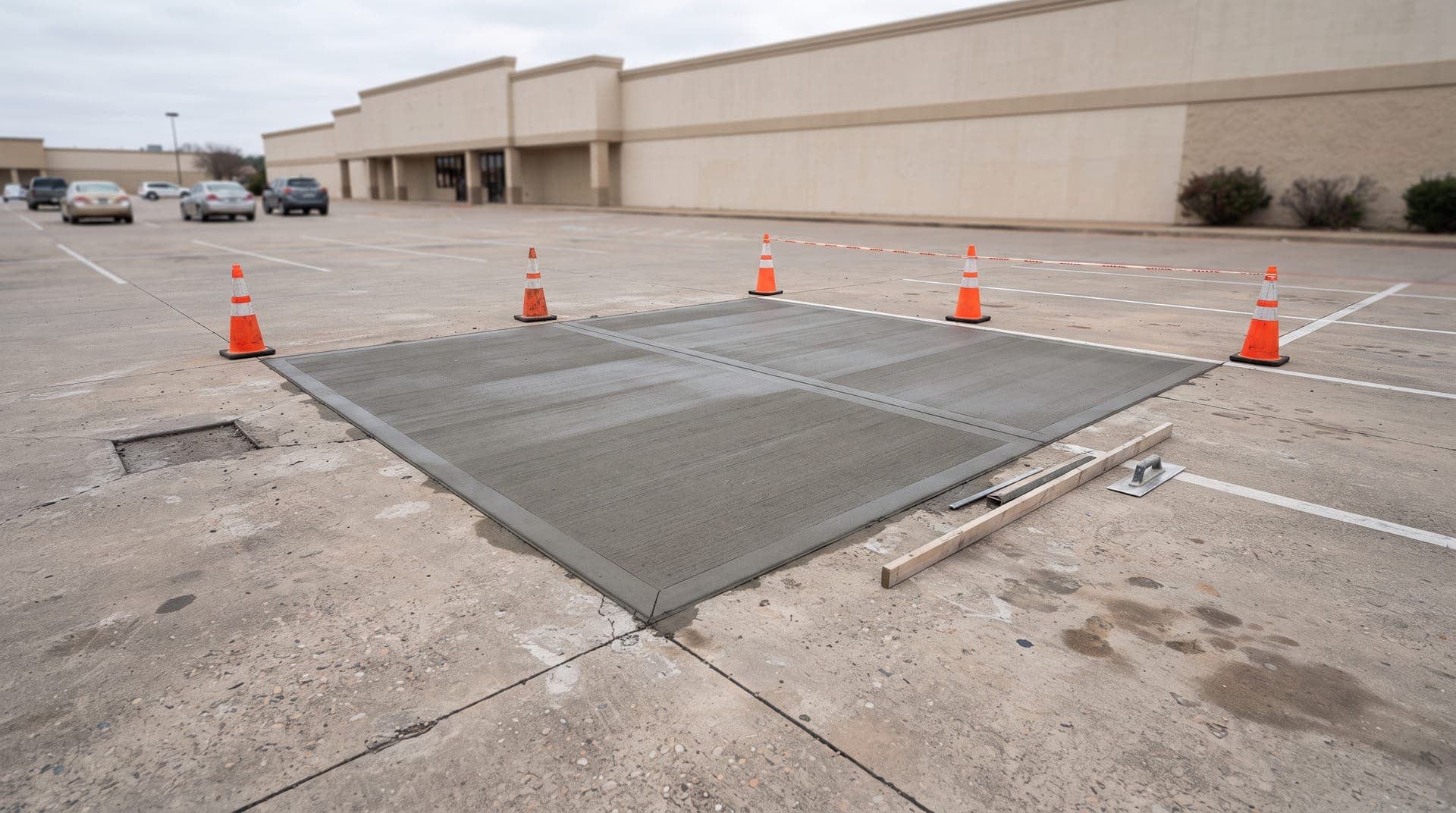 Replaced concrete panels and a pothole cut out for patching in a coned-off commercial parking lot