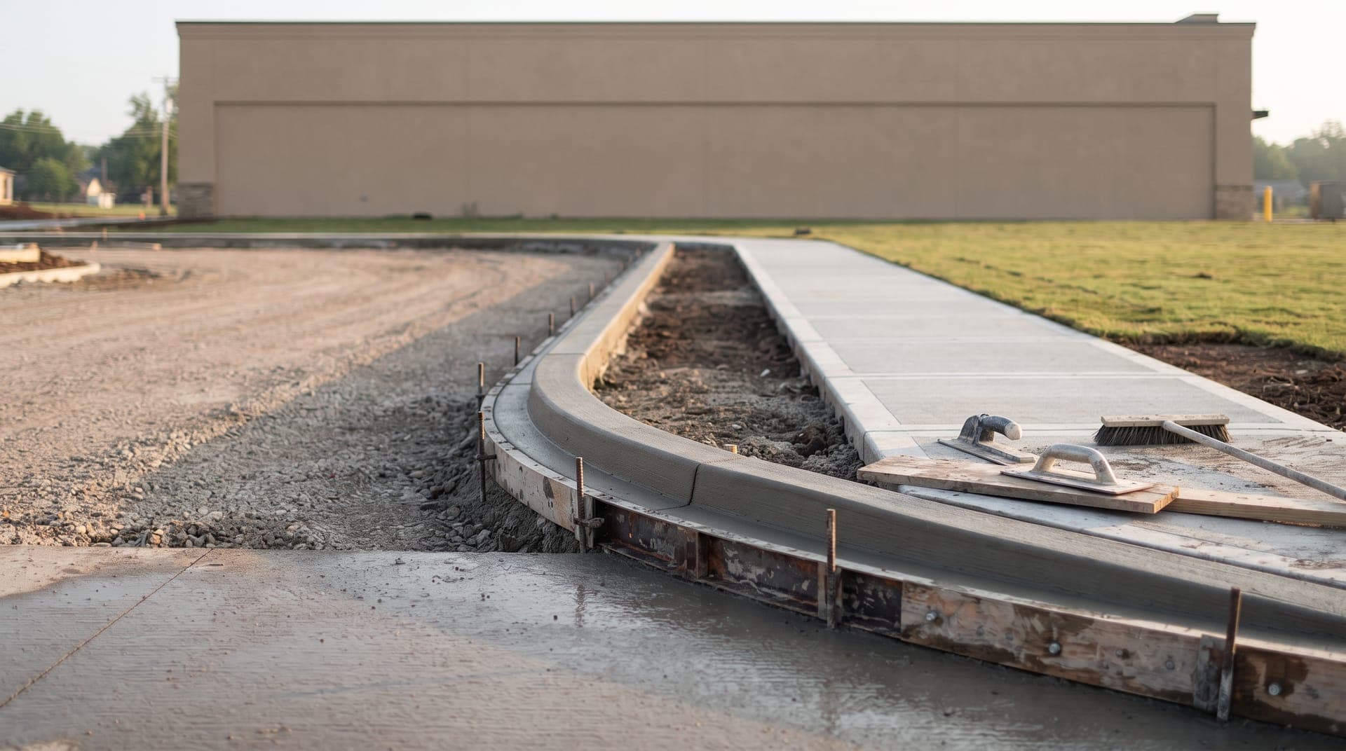 New concrete curb and sidewalk inside steel and wood forms along a commercial drive