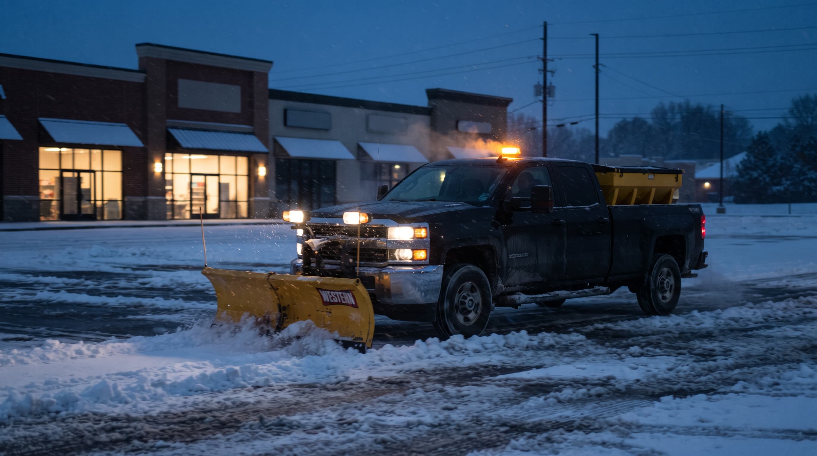 Plow truck clearing a commercial parking lot during snowfall